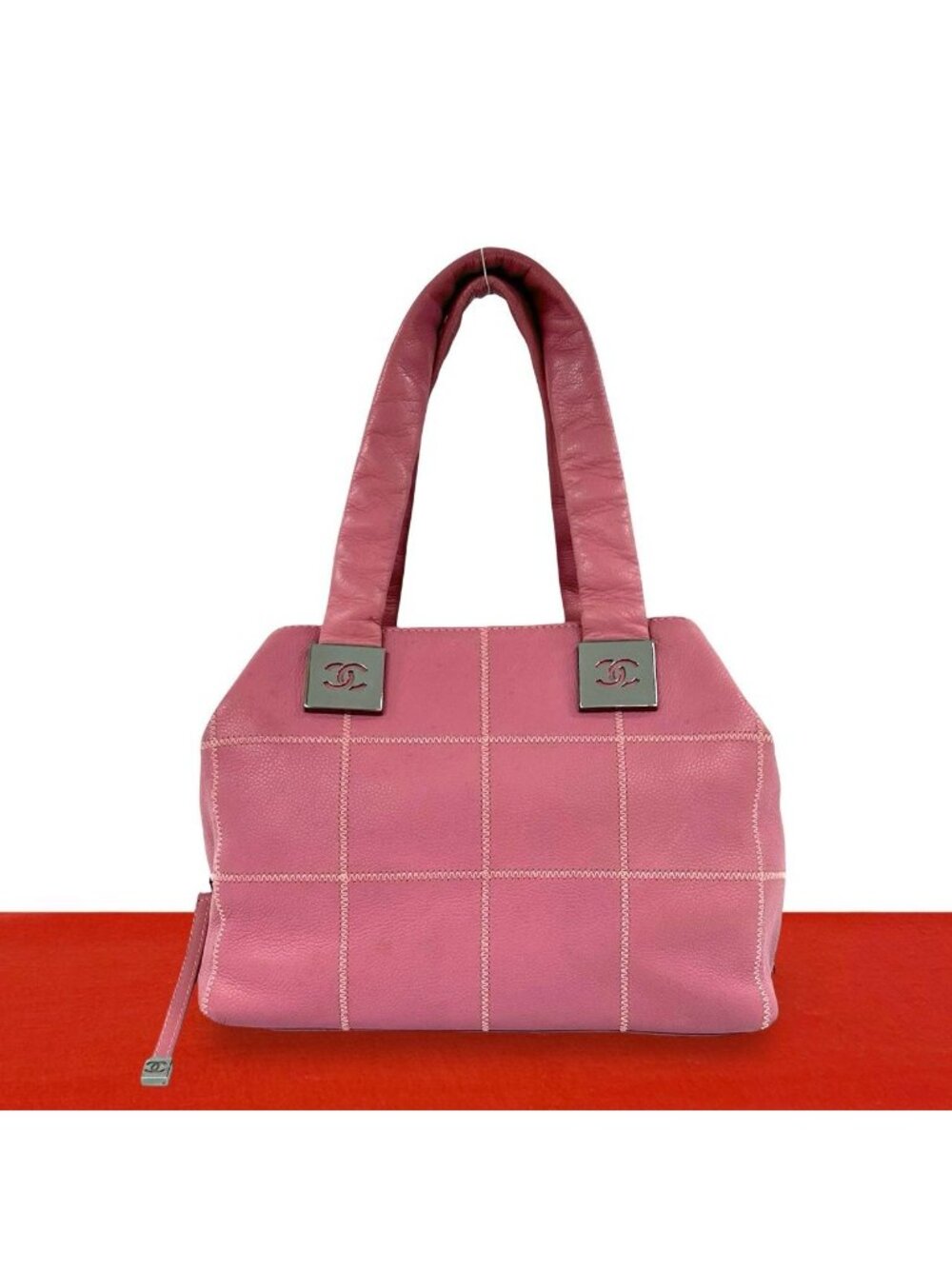 Chanel Choco Bar CC Logo Caviar Leather Mini Boston Bag Pink